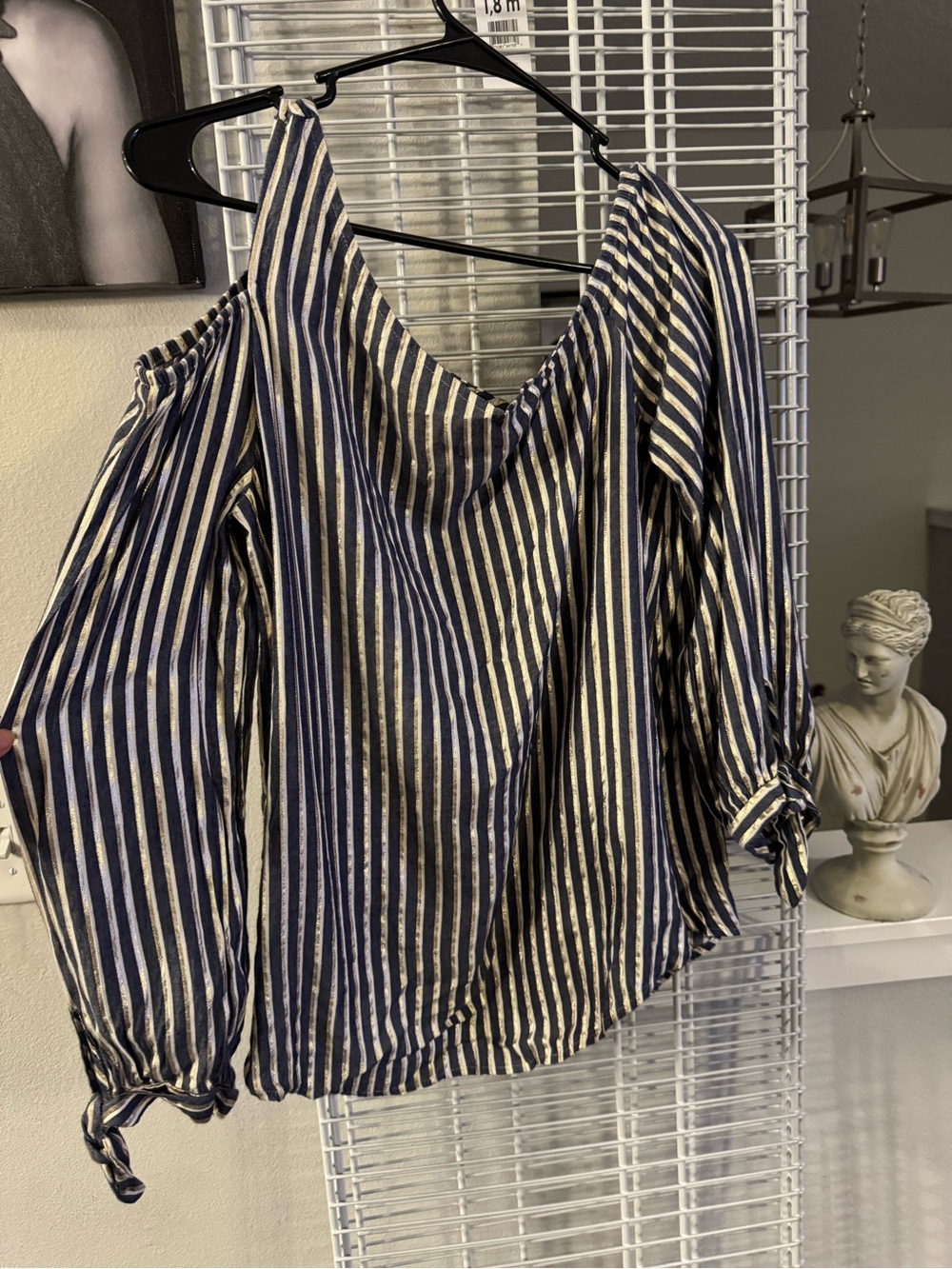 Express Navy and White Striped Off-Shoulder Blouse